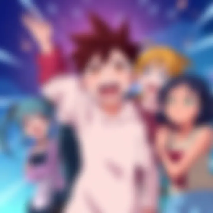 An excited group of anime characters reacts to the arrival of a new character, showing surprise and curiosity.