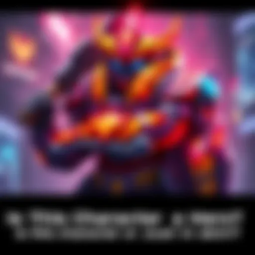 A colorful character with unique armor and weapon, showcasing a striking design in a gaming environment.