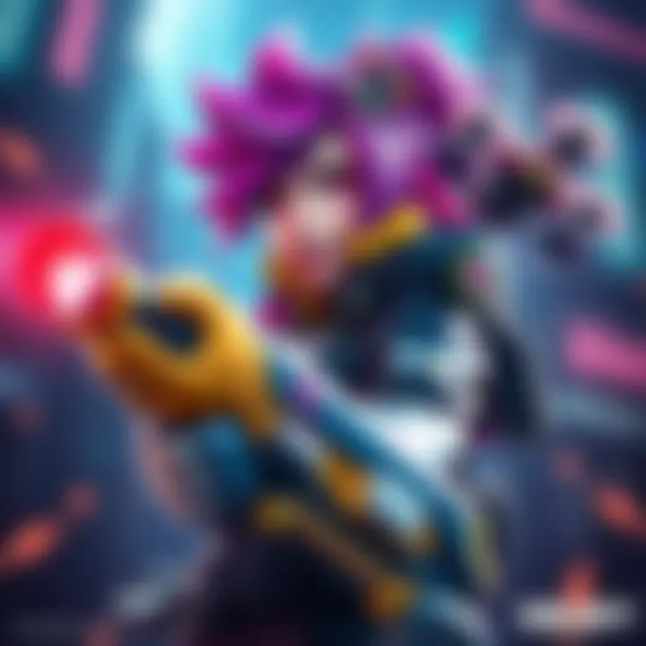New character design concept A dynamic character with vibrant hair and high-tech gear, showcasing her weapon and drone in action, emphasizing her unique gameplay mechanics