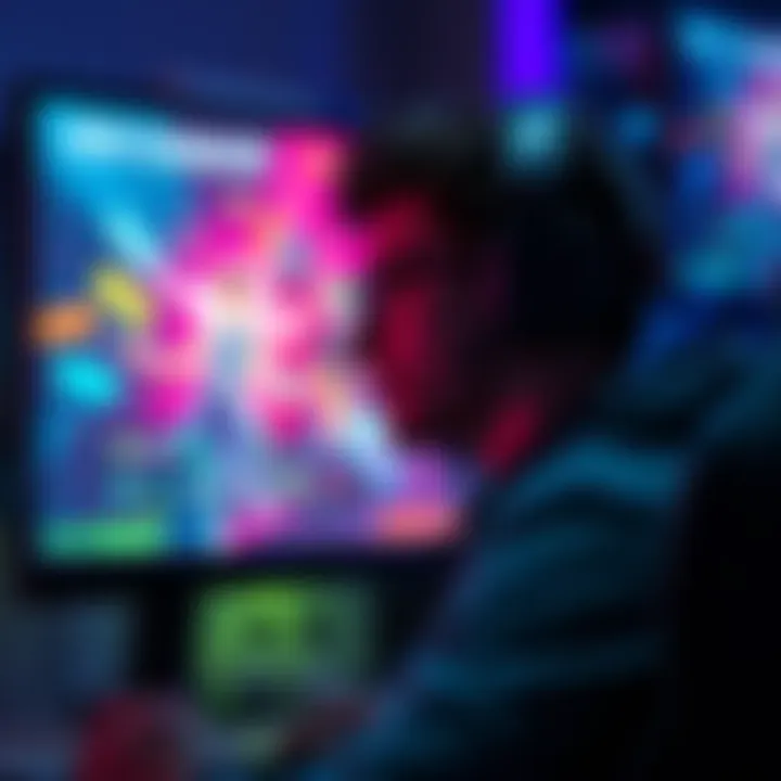 A player creating a new character on a computer screen, contemplating a fresh start in a video game, with colorful game graphics in the background.
