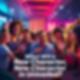 A group of fans excitedly discussing a new character in a vibrant setting, with lively expressions and gestures.
