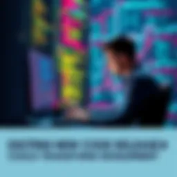 New Code Release A person working on a computer surrounded by code snippets and digital tools, representing software development innovation
