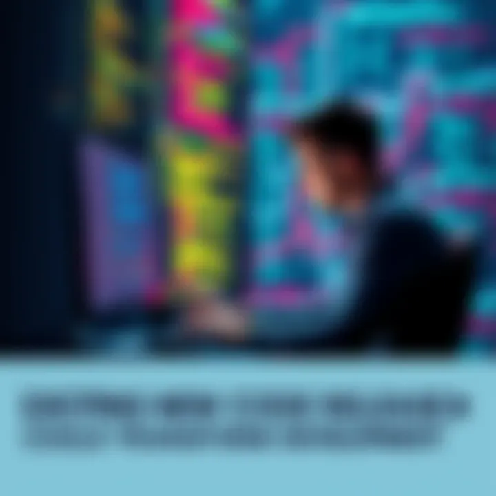 New Code Release A person working on a computer surrounded by code snippets and digital tools, representing software development innovation