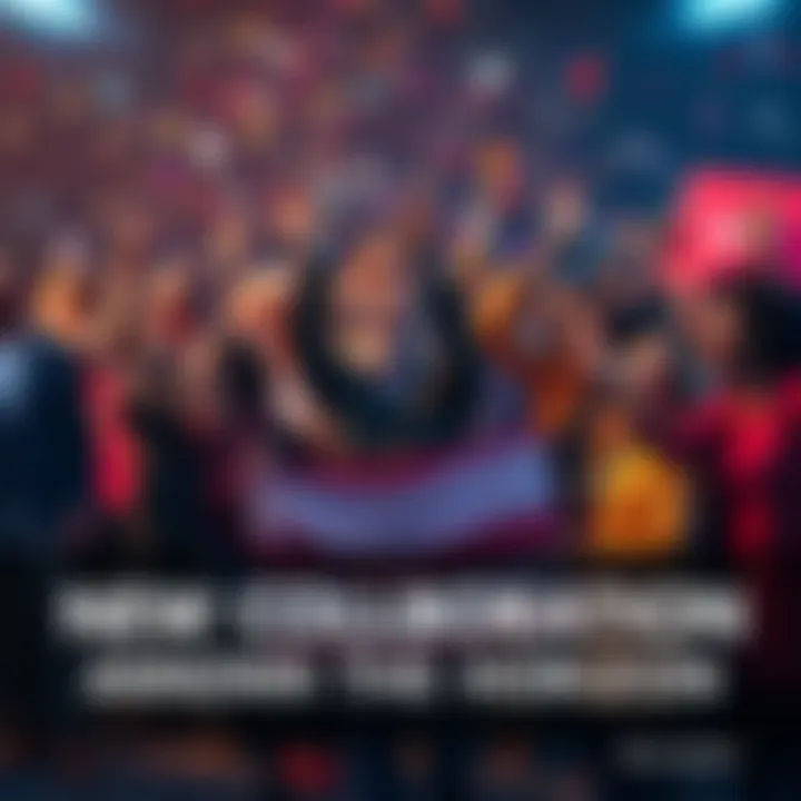 New Collaboration Announcement A group of diverse people celebrating a collaboration with banners and excitement in the air