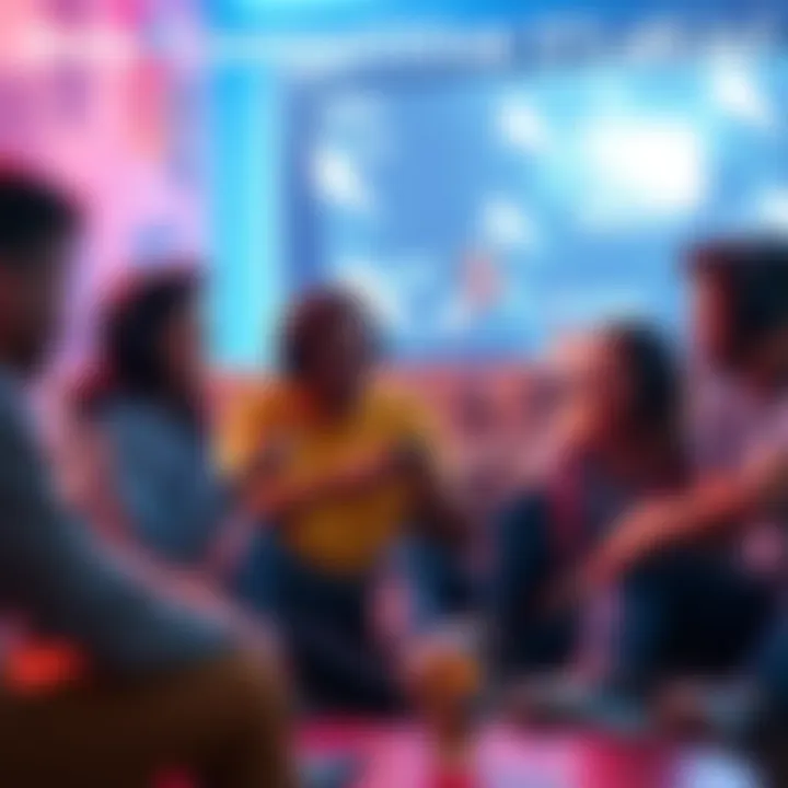 A group of gamers discussing a new competitive game mode in a casual setting, showcasing excitement and curiosity.