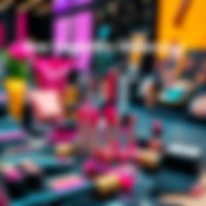 A vibrant showcase of newly launched cosmetics products on a table, including lipsticks, eyeshadows, and skincare items.