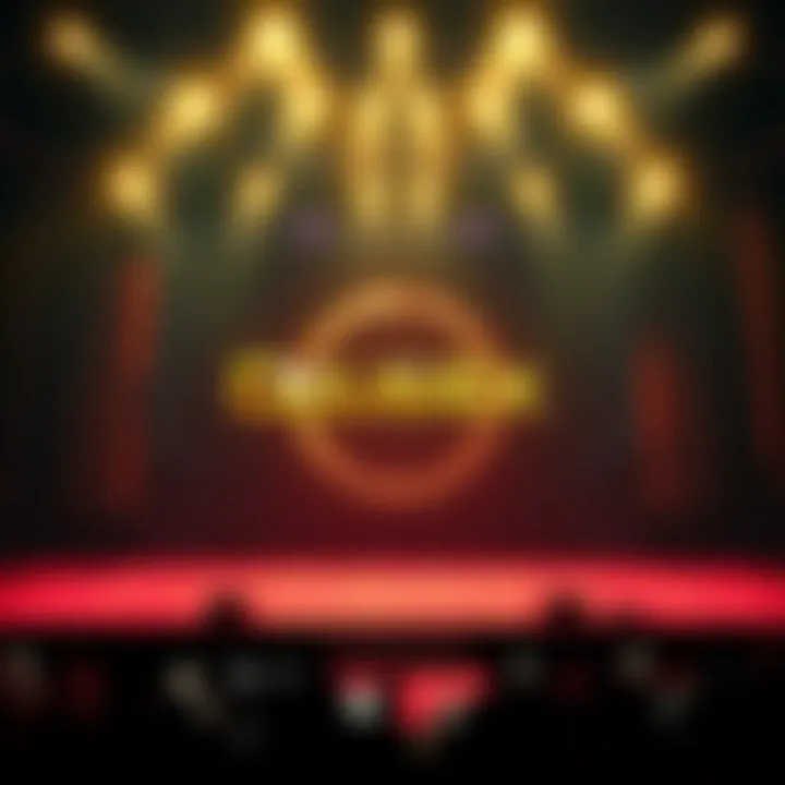A gaming event stage with a spotlight, showcasing a mysterious logo hinting at a new Deus Ex game