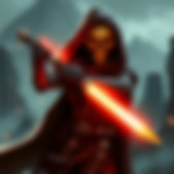 Concept art showing a hero character inspired by Star Wars Jedi, wielding a glowing weapon in a fantasy setting.