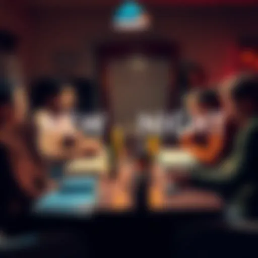 A group of friends gathered around a table, excitedly discussing their first Dungeons & Dragons campaign with game materials and character sheets laid out in front of them.