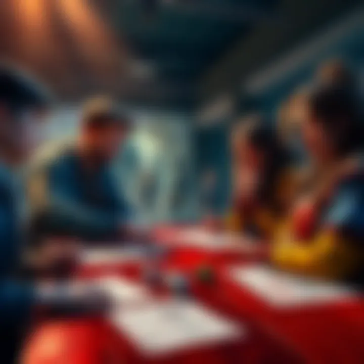 A group of new Dungeons & Dragons players discussing character options, with character sheets and dice on the table.