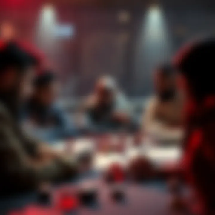 A group of new Dungeons & Dragons players sitting around a table with dice and character sheets, discussing their game experience