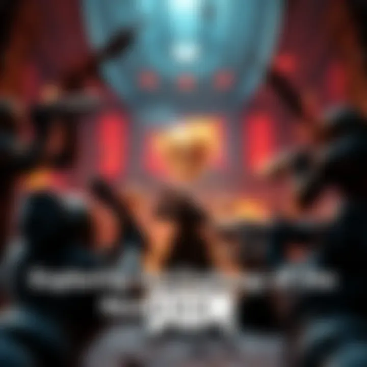 An intense battle scene from the new Doom game showing a player facing various enemies in a chaotic environment with weapons drawn.