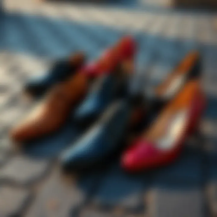 New Dress Shoes and Heels on Pavement A variety of new dress shoes and heels placed on a pavement, highlighting their distinct clicking sounds.