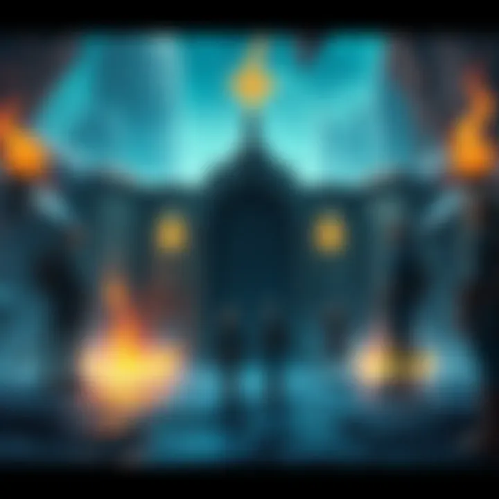 New Dungeon at Gate of Infinity A group of adventurers standing outside the new dungeon entrance near the Gate of Infinity, with mysterious glowing symbols around them.