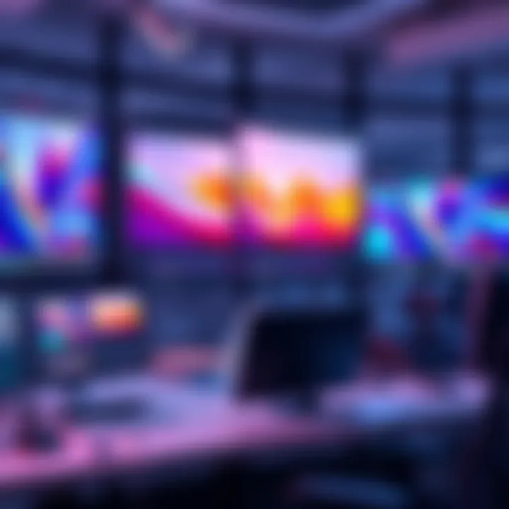 A bright and modern digital workspace with screens showcasing trendy editing styles influenced by AI. Lively colors and abstract designs fill the images on the screens.