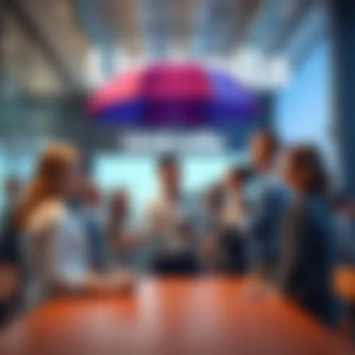 A welcoming scene of a new employee receiving an orientation at Umbrella, surrounded by friendly colleagues in a modern office.