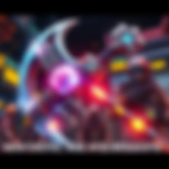 A detailed view of a shiny, futuristic axe with glowing elements and healing nanites, set against an exciting game background with action-ready players gearing up for new missions.