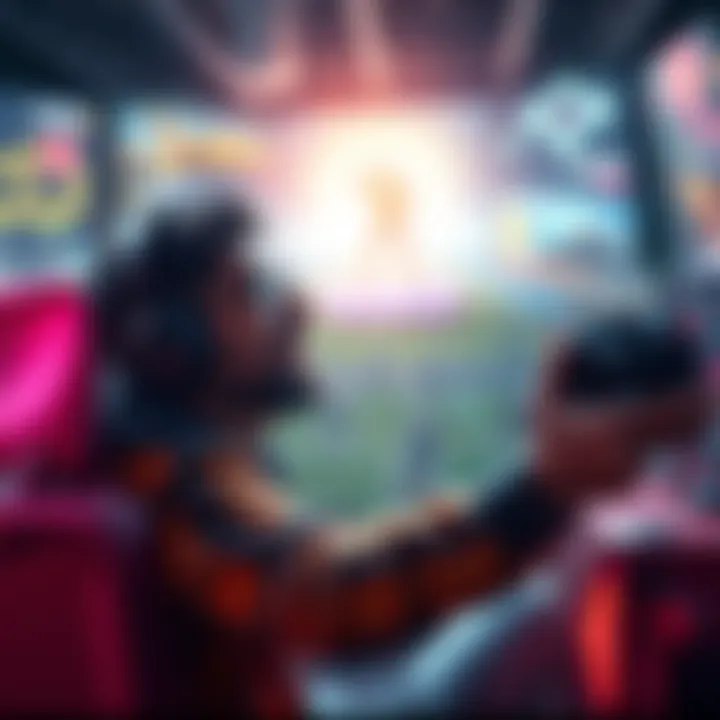 A player excitedly starting a new video game, surrounded by colorful graphics and game elements.