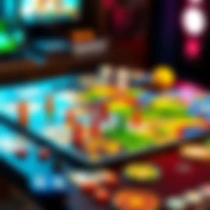 A colorful game board with unique designs and game pieces on a table