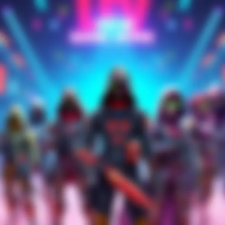 A collection of vibrant and stylish game skins displayed on characters, showcasing various colors and designs.