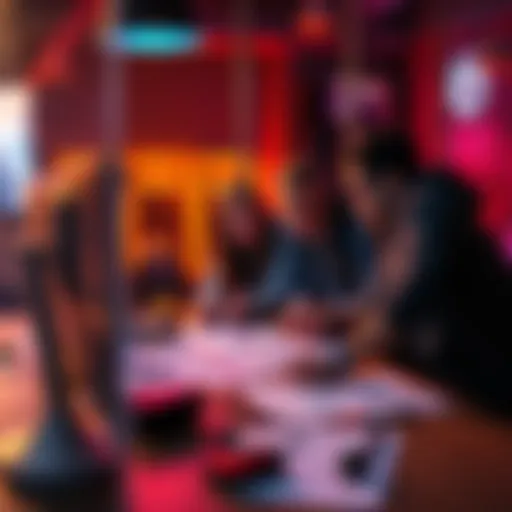 A small team works together in a creative environment, brainstorming ideas for a bold new game, with sketches and digital designs on the table.