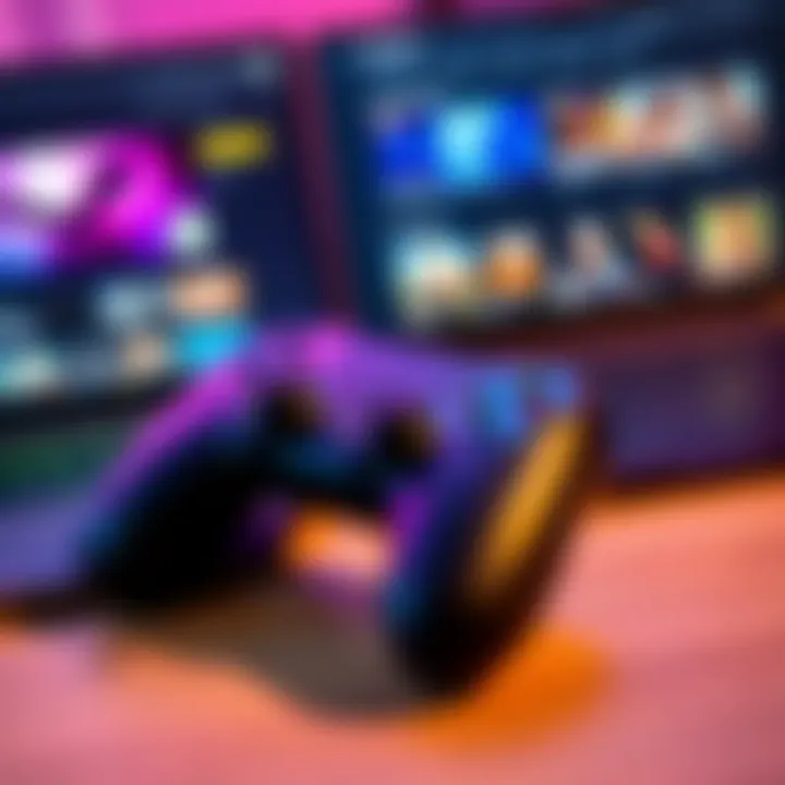 A close-up of a stylish gaming controller with colorful buttons and a sleek design, placed next to a gaming laptop showing a Steam game store page.