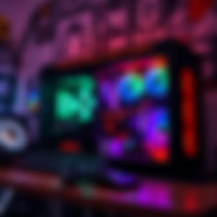 A high-end gaming PC with colorful LED lights and a sleek design on a desk with gaming accessories