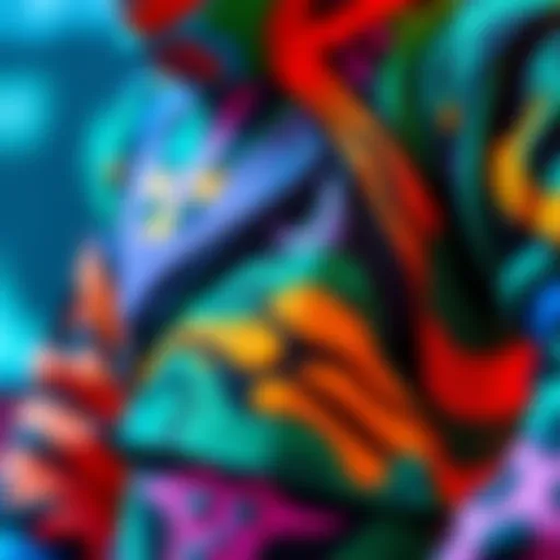 A close-up of a vibrant new gaming skin with bright colors and unique patterns, showcasing its details and design.