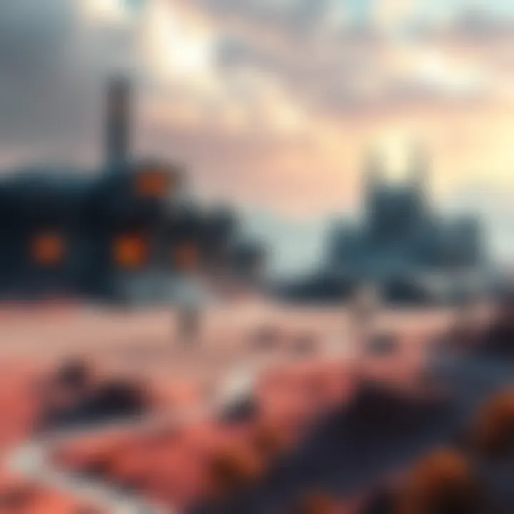 A detailed concept art of a large Halo map featuring Forerunner structures and a battlefield setting designed for Super Large Team Battle mode