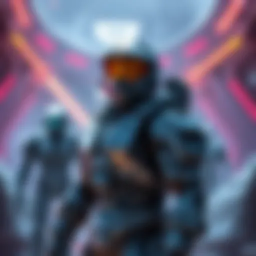 A modern Halo marine in new armor design stands against a futuristic backdrop, showcasing sleek lines and updated features, while a classic design is faintly visible in the background.