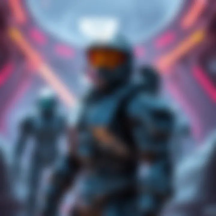 A modern Halo marine in new armor design stands against a futuristic backdrop, showcasing sleek lines and updated features, while a classic design is faintly visible in the background.
