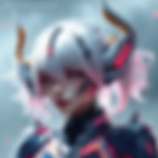 A futuristic character with artificial hair and robotic features, showcasing horn-like designs and visible mechanical parts, hinting at her possible android origin.