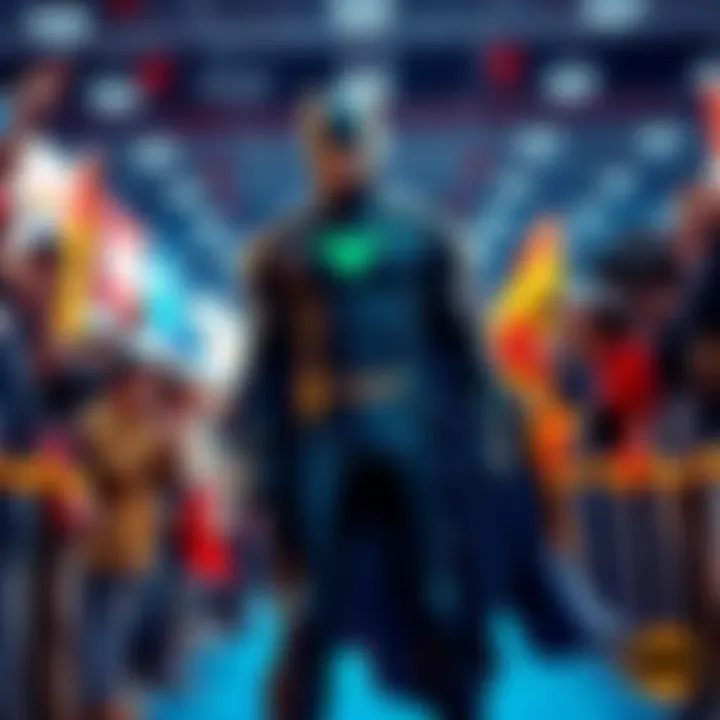 A bold new hero stands confidently with a cape and modern gear, surrounded by excited fans at a comic convention.