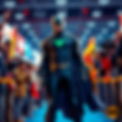 New Hero Reveal A bold new hero stands confidently with a cape and modern gear, surrounded by excited fans at a comic convention.