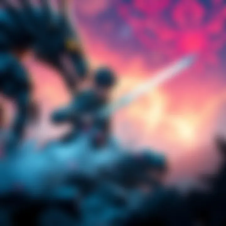 A new monster hunter practicing with a Long Sword in a vibrant setting, looking determined yet challenged while facing a monster