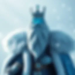 The reimagined Ice King stands with a confident expression, wearing a crown and icy blue robes, surrounded by snowflakes.