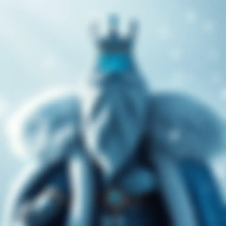 The reimagined Ice King stands with a confident expression, wearing a crown and icy blue robes, surrounded by snowflakes.