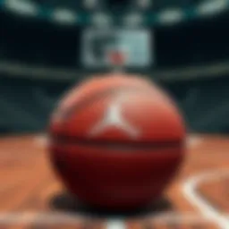 A close-up view of the new Jordan basketball featuring its unique design and logo on a court background.