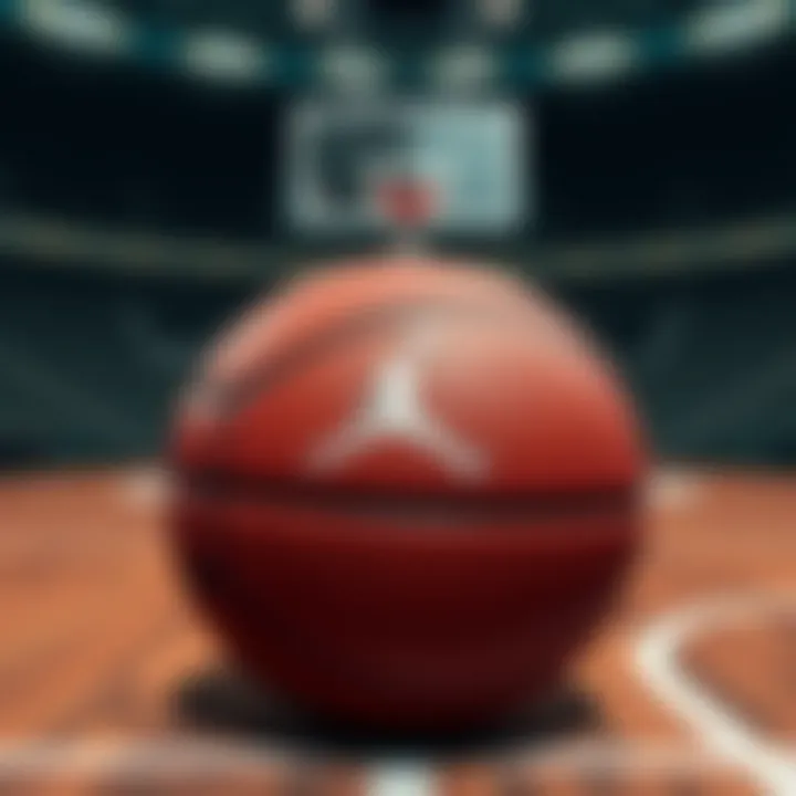 A close-up view of the new Jordan basketball featuring its unique design and logo on a court background.