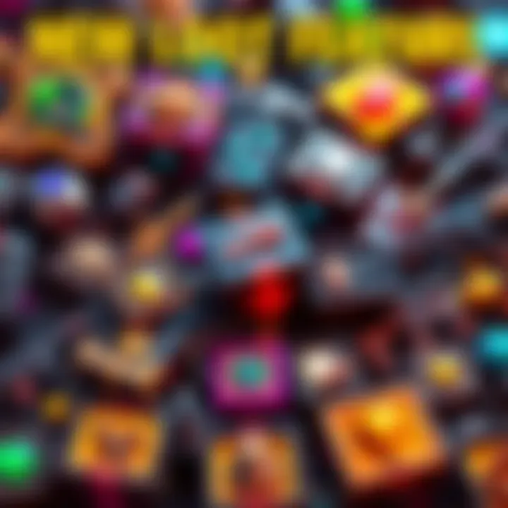 A colorful assortment of loot box items including weapons and gear icons for a video game