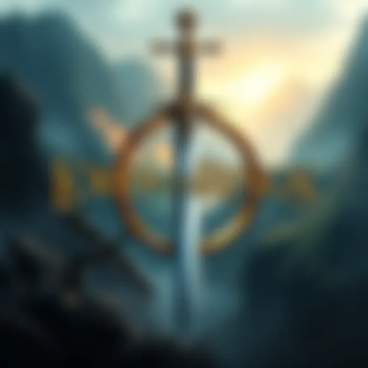 Crystal Dynamics logo with a fantasy background depicting elements from Lord of The Rings, showing a sword and a mythical landscape