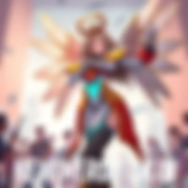 A digital illustration of the new Mercy skin, showcasing its unique design and colors, with players discussing their opinions in the background.