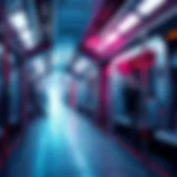 Artwork showing an immersive metro scene with trains and passengers