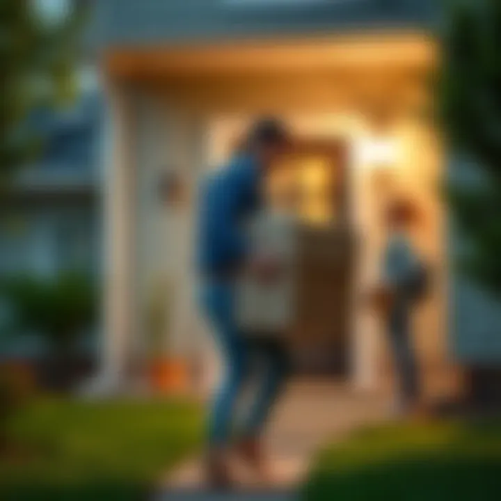 A person carrying boxes into a house while neighbors watch curiously from a distance