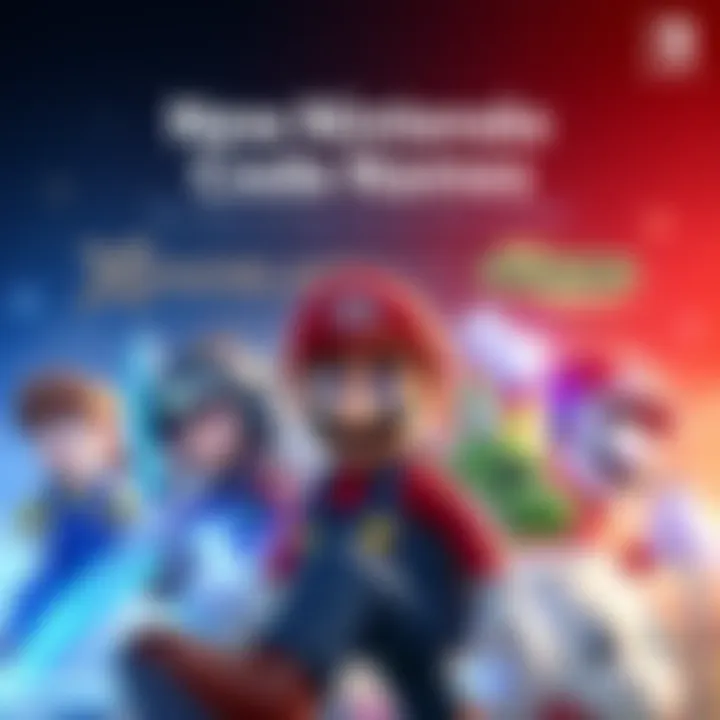 Illustration of Nintendo characters with new game code names such as Xenoblade and Mario Kart in the background