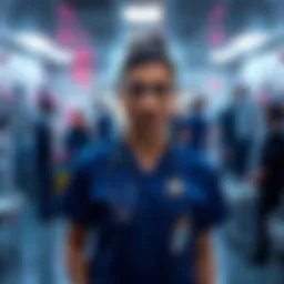 A new nurse looks concerned while standing in a busy emergency room filled with patients and medical staff.
