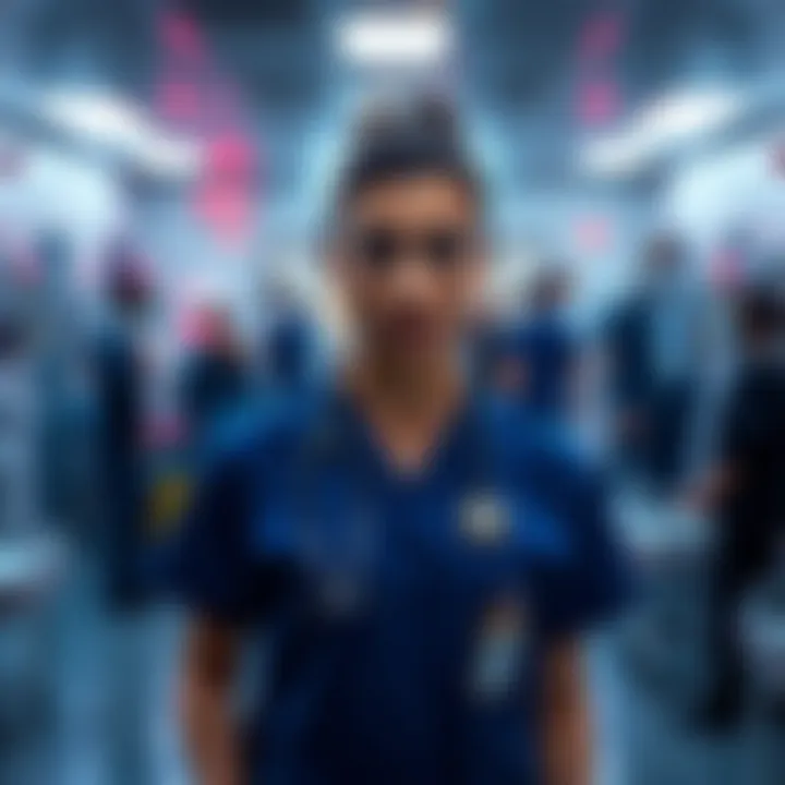 New Nurse in Emergency Room A new nurse looks concerned while standing in a busy emergency room filled with patients and medical staff.