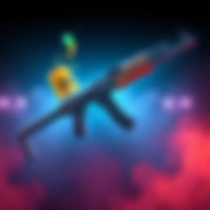 Illustration of the Ospuze AKM skin showing a playful can of 'zest' representing the last kill, along with a watch tracking player steps.