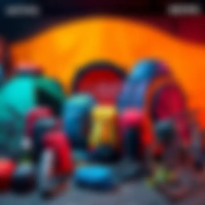 A collection of the latest outdoor gear including backpacks, tents, and bikes displayed in a vibrant setting.