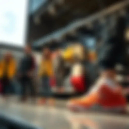 A display of new clothing and sneakers in a shop with people looking excited